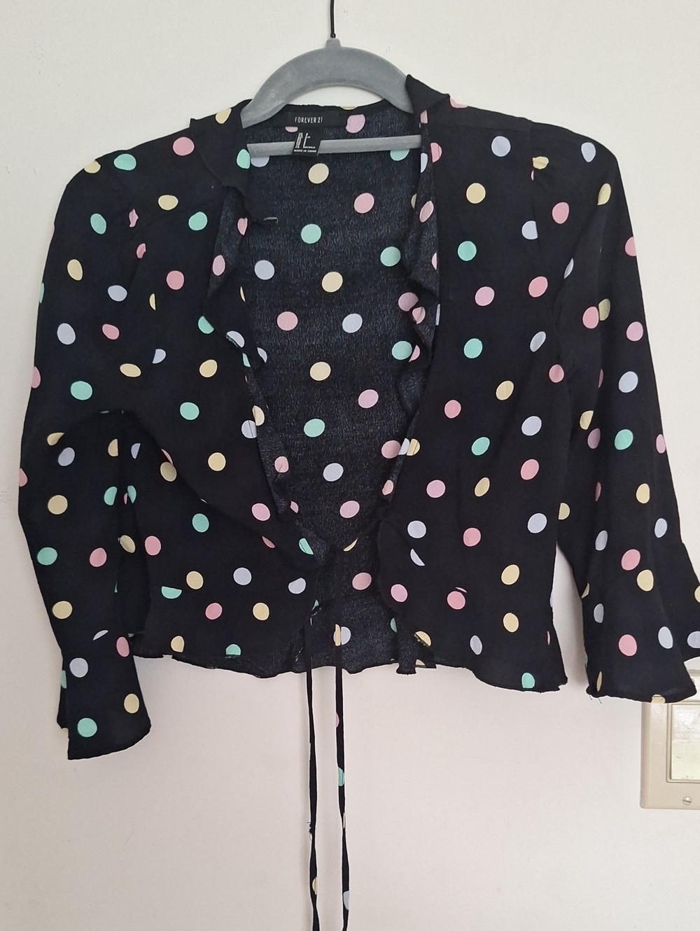 Forever 21 Black Polka Dot Tie-Front Crop Top with Pastel Dots Shrug Small